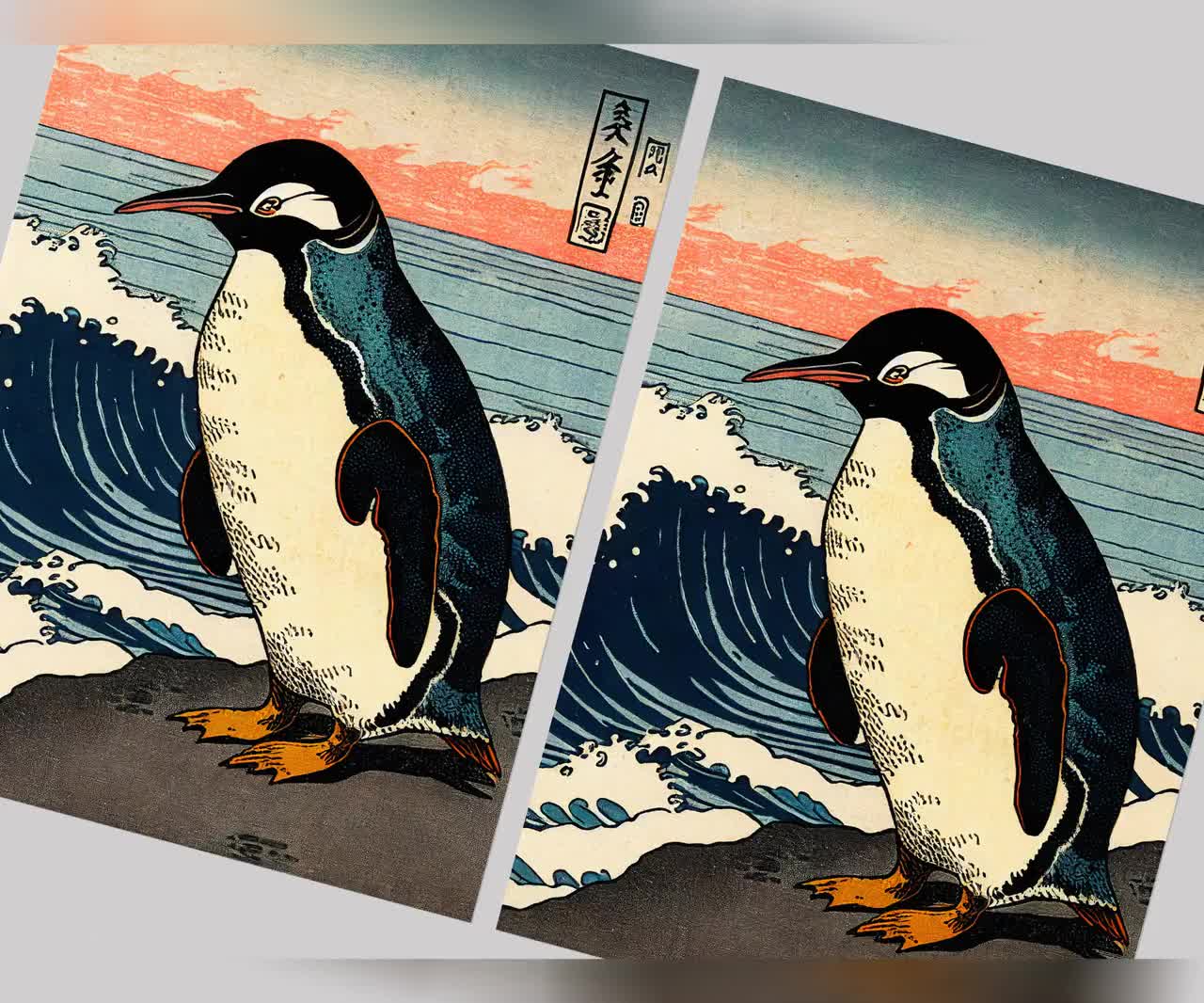 Penguin Wall Poster, Japanese Art Style Illustration, Ukiyo-e